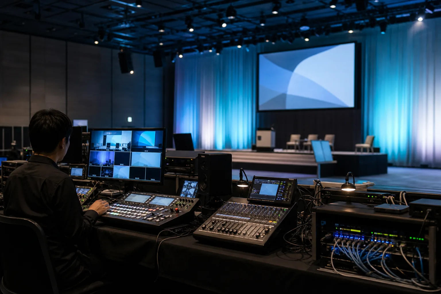 ハイブリッドイベント会場で映像・音響・ネットワーク機器を操作する技術スタッフ