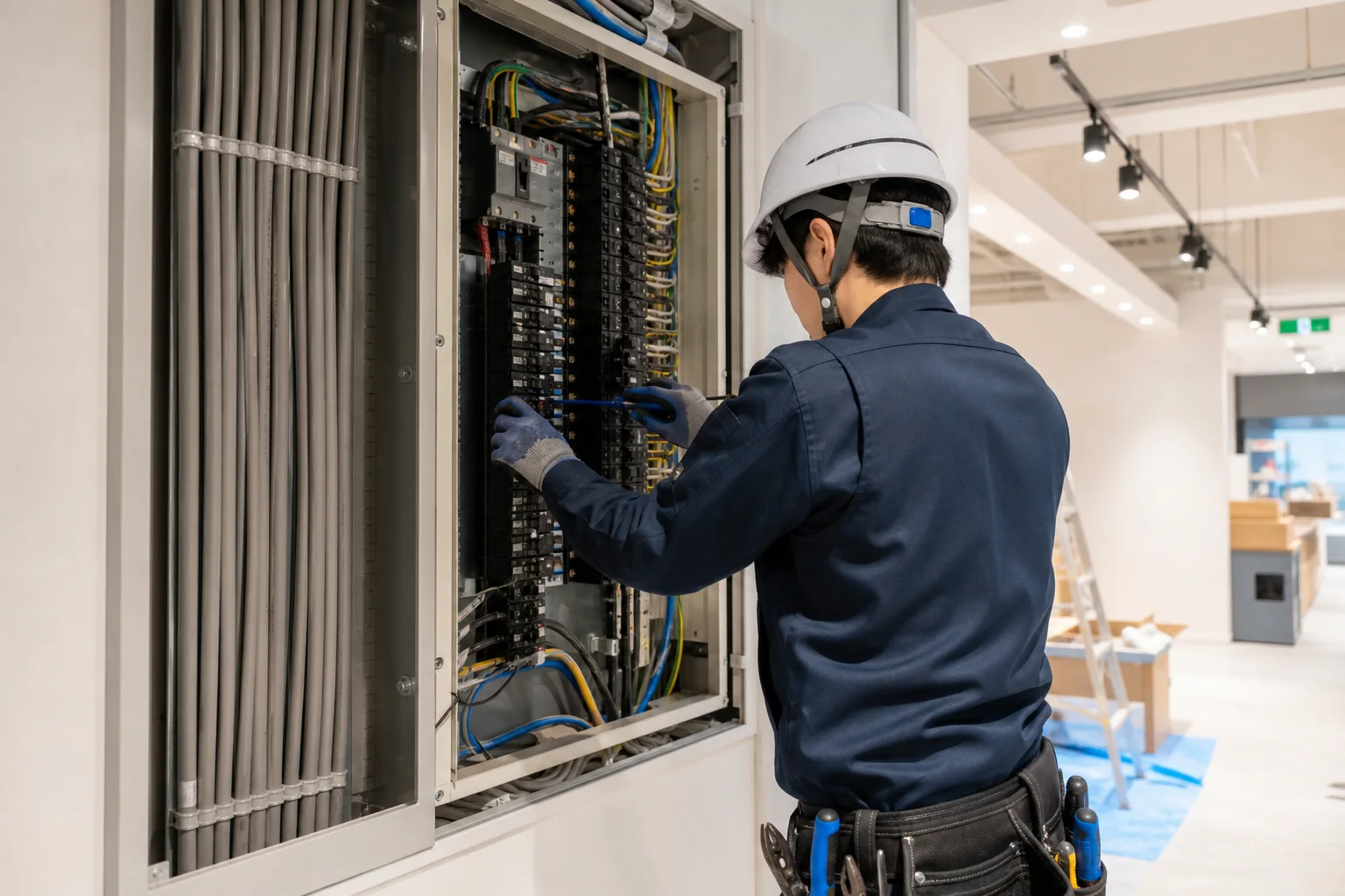 商業施設の分電盤を点検する電気工事士のイメージ