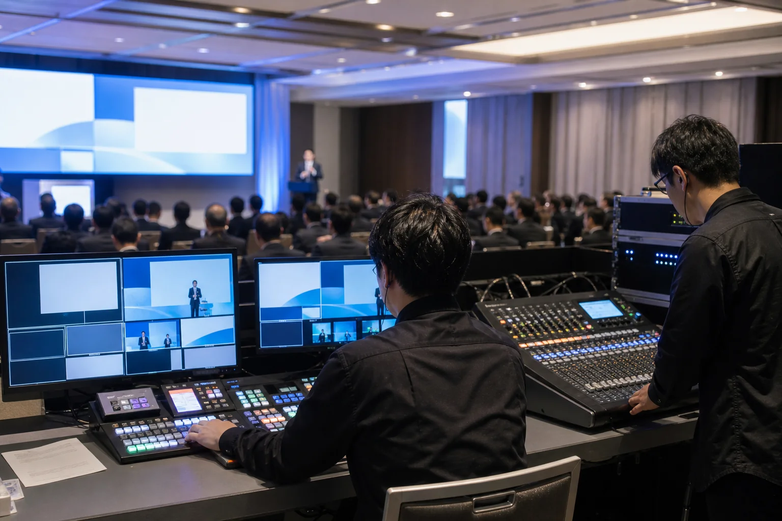 企業イベントの音響と映像を操作する技術スタッフのイメージ