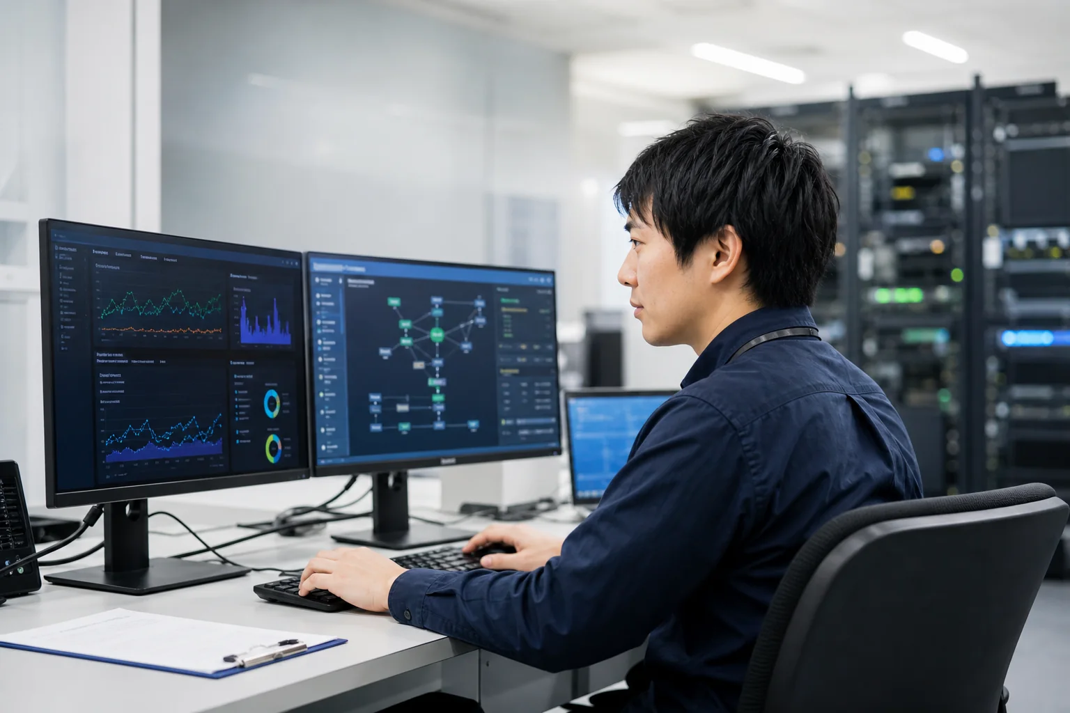 クラウドとサーバーの稼働状況を確認するIT技術者のイメージ