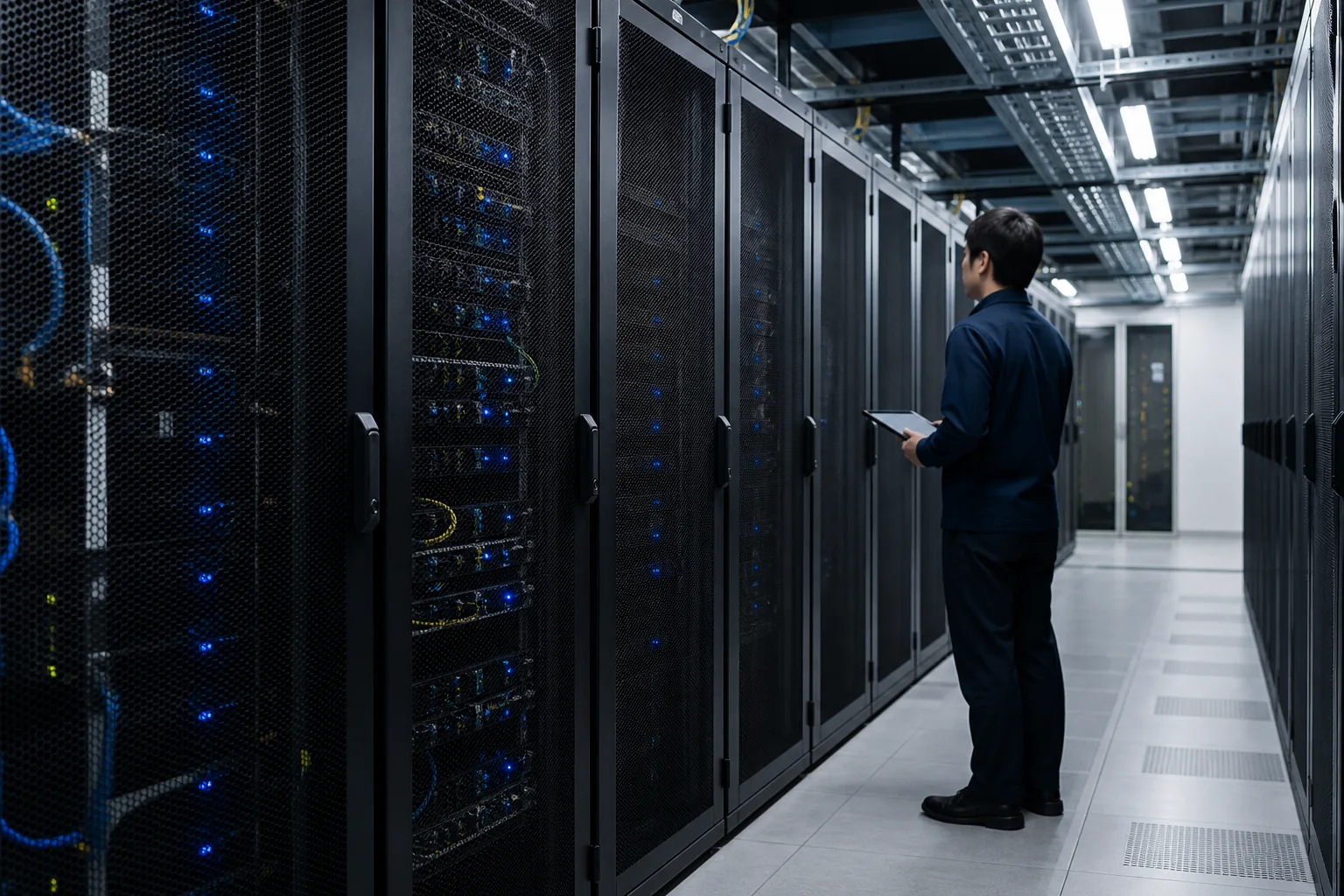 データセンターのサーバーラックを点検するIT技術者のイメージ