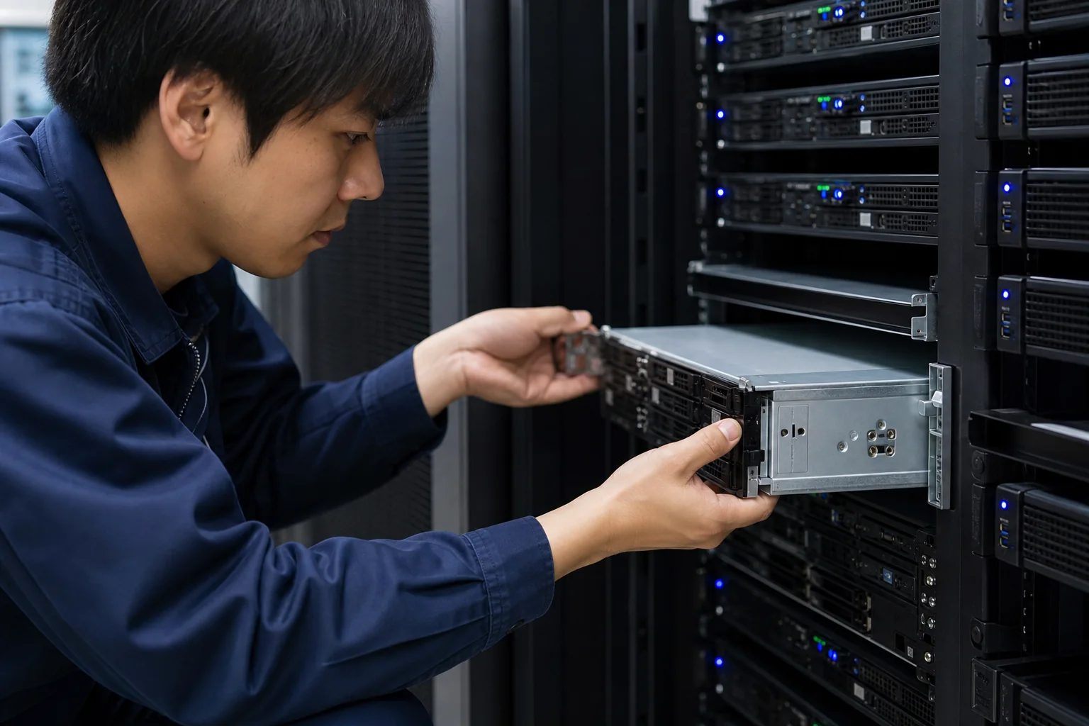 サーバーラックの機器を点検するIT技術者のイメージ